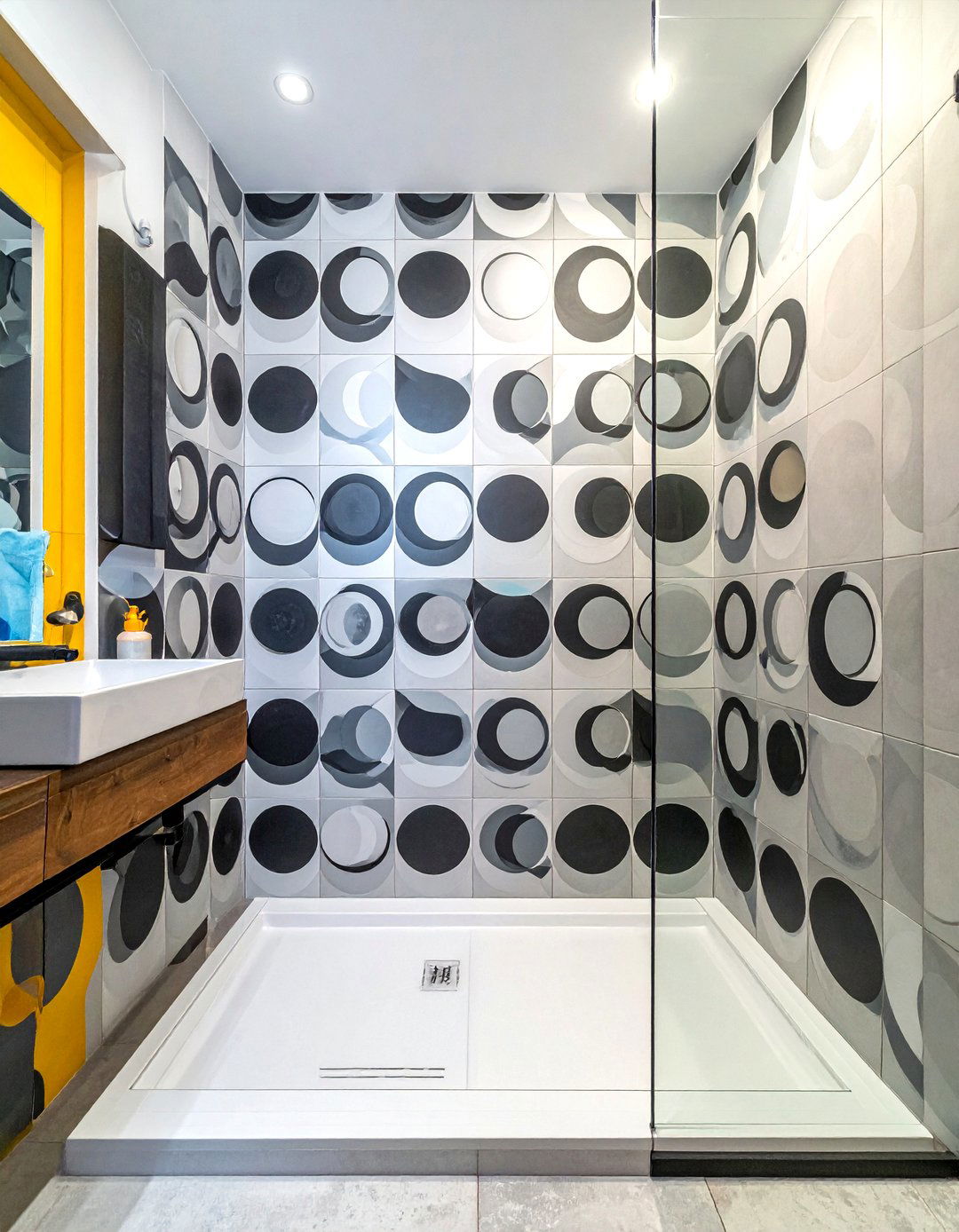 Bold graphic cement tile shower - 30 cement tile bathroom ideas