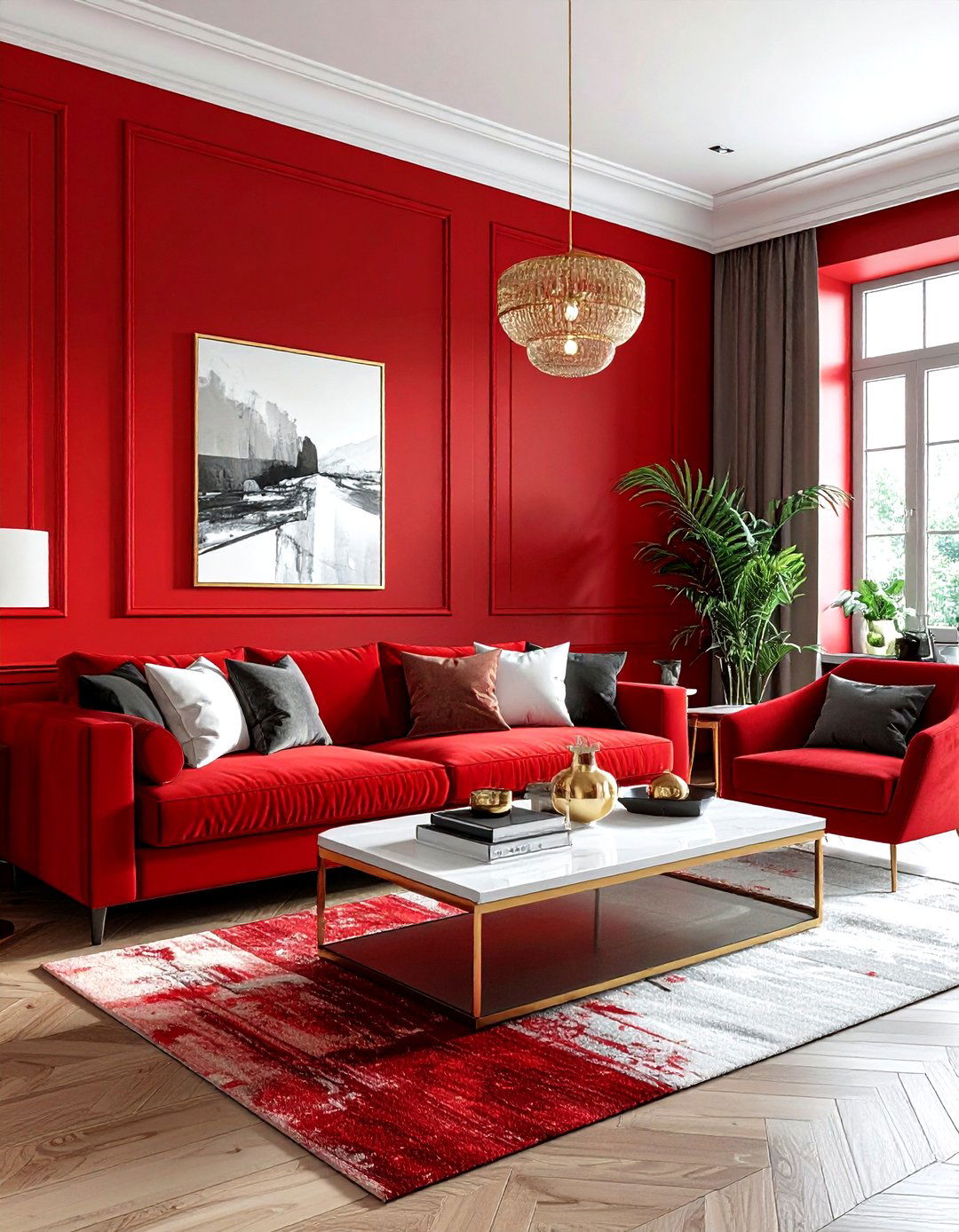 Bold red accent wall with rail - 30 living room chair rail ideas