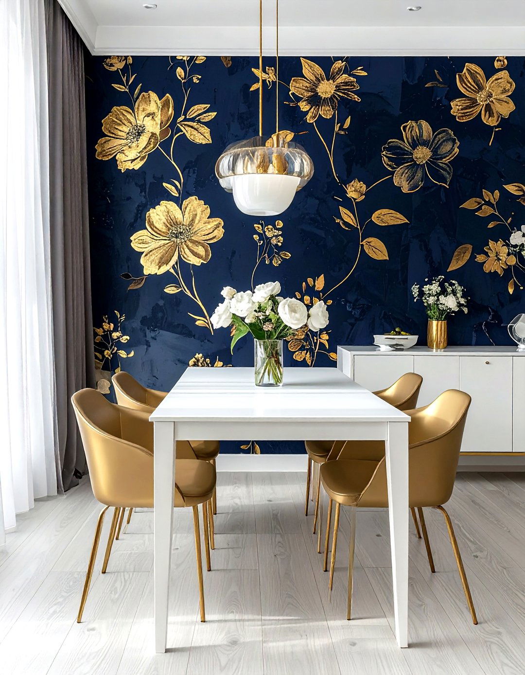 Bold wallpaper accent wall - 30 narrow dining room ideas
