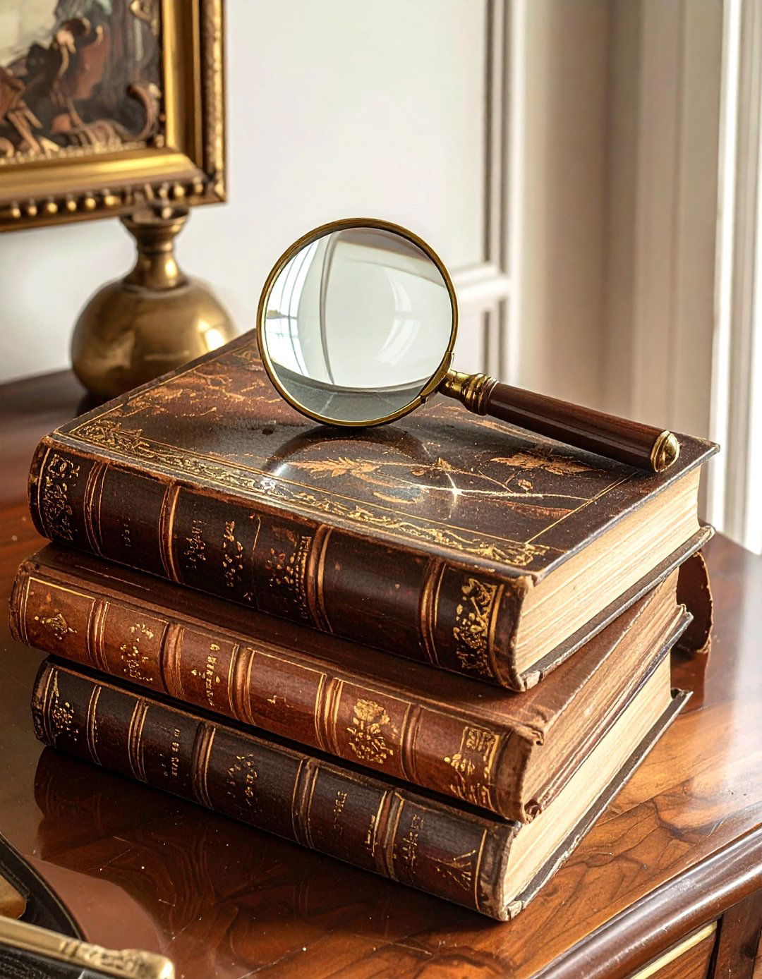 Book stack with magnifying glass - 30 dresser vignette ideas