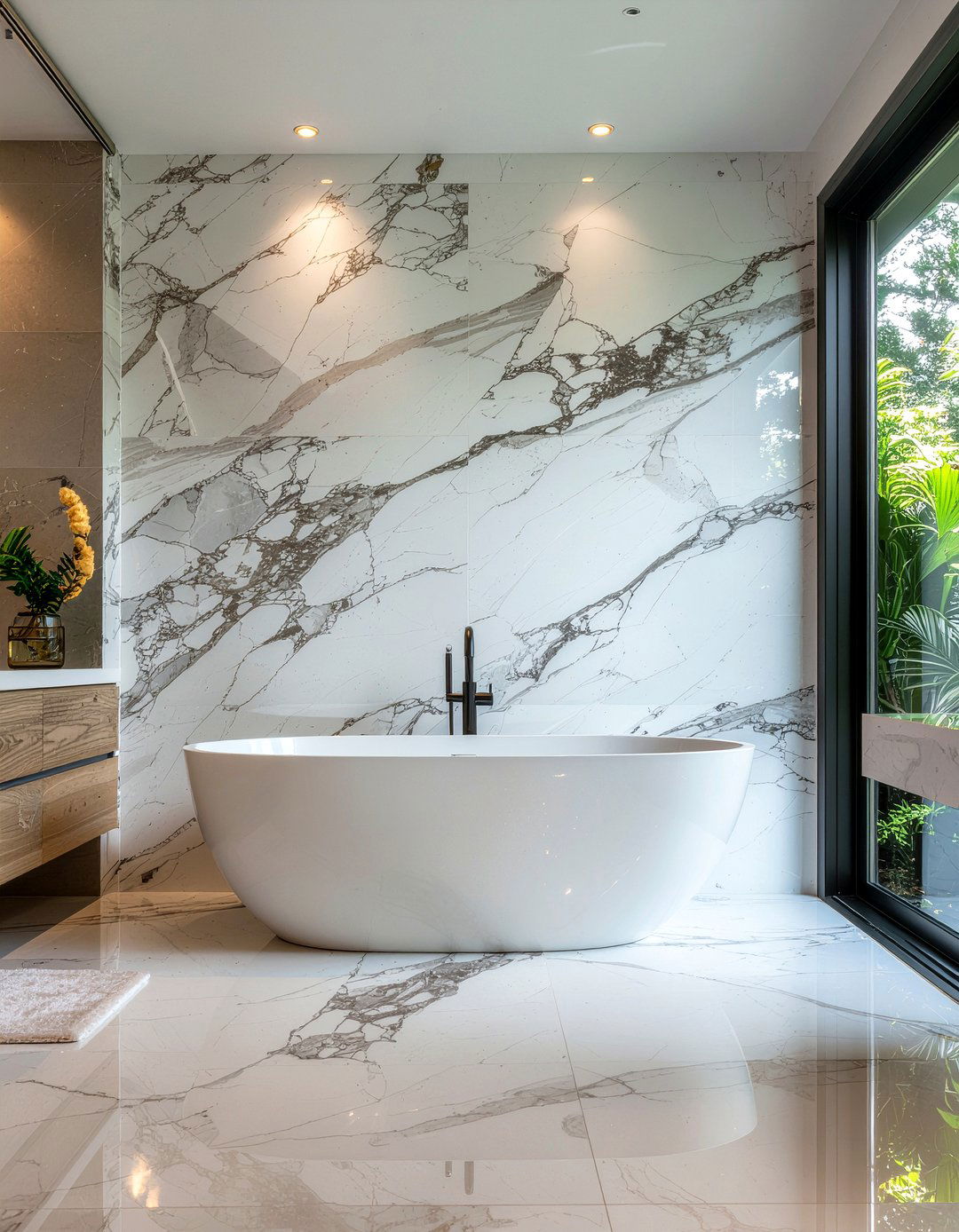 Bookmatched Marble Wall - 30 marble tile bathroom ideas
