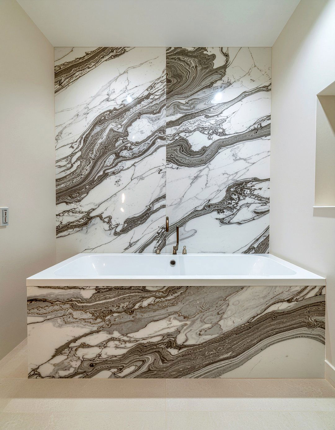 Bookmatched Marble Wall - 30 marble bathroom ideas