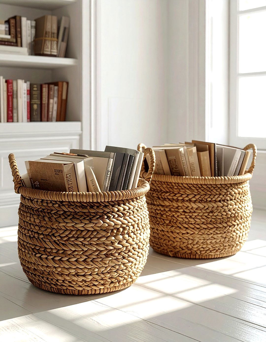 Books in wicker baskets - 30 book styling ideas