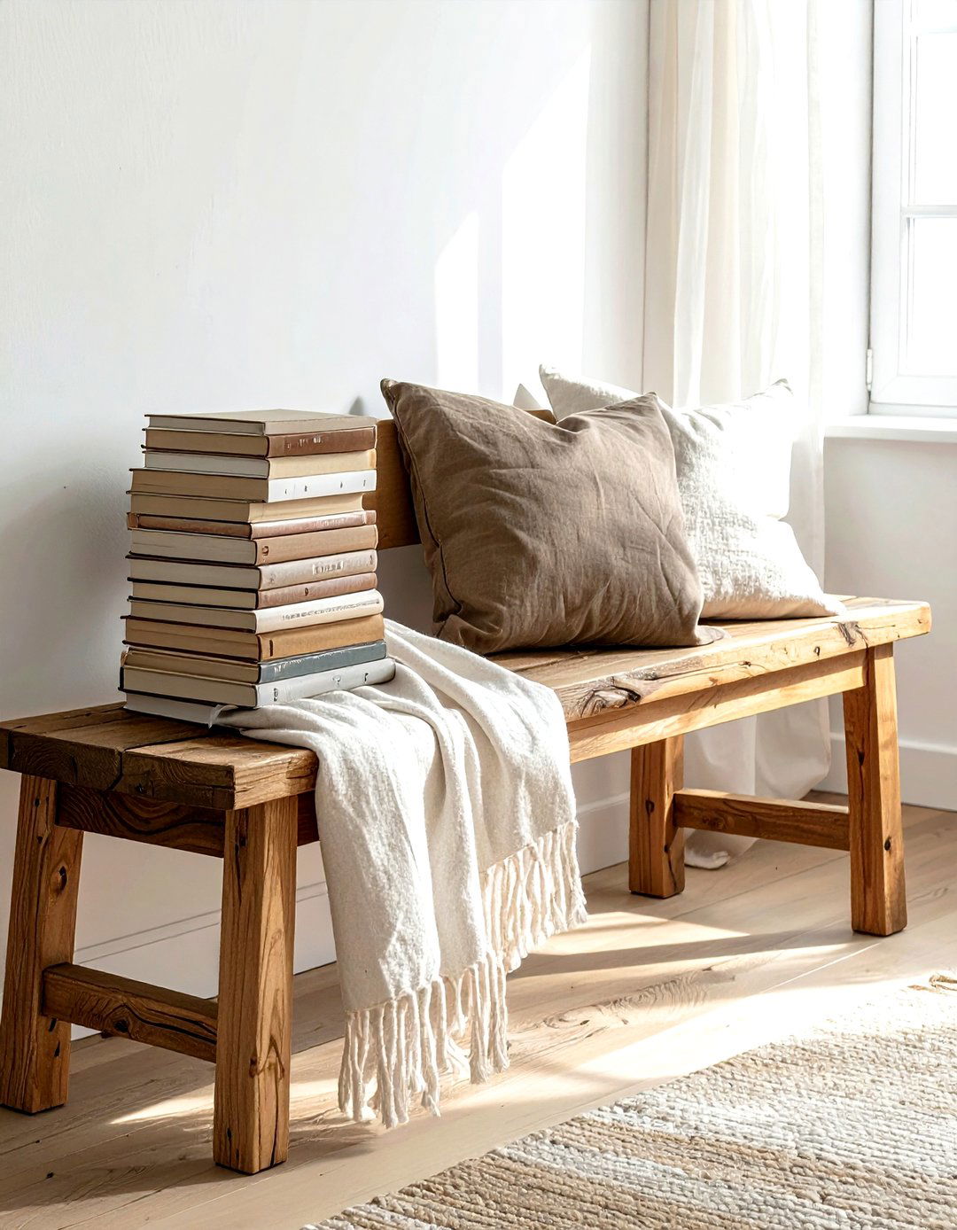 Books on wooden bench - 30 book styling ideas