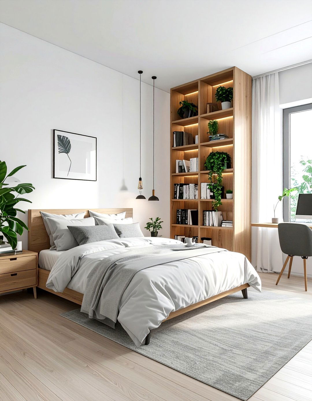 Bookshelf as room divider layout - 30 bedroom furniture placement