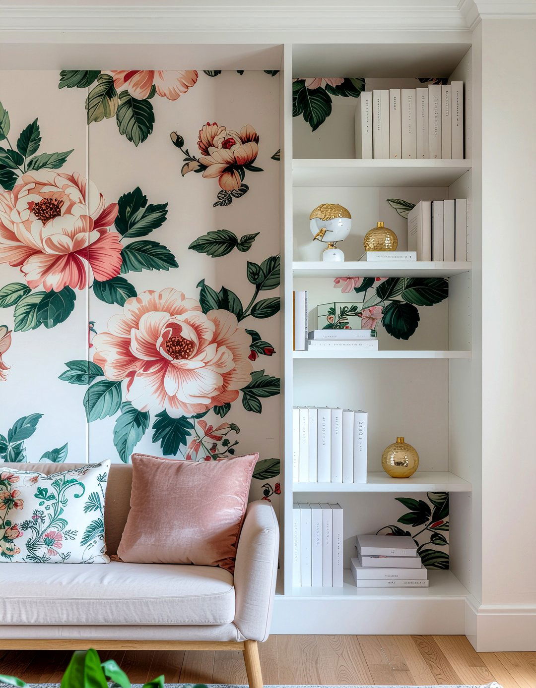 Bookshelf with floral wallpaper - 30 living room bookshelf ideas