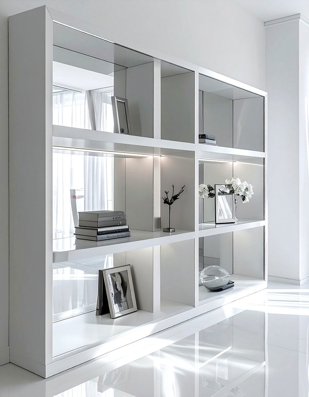 Bookshelf with mirrors - 30 bookshelf styling ideas