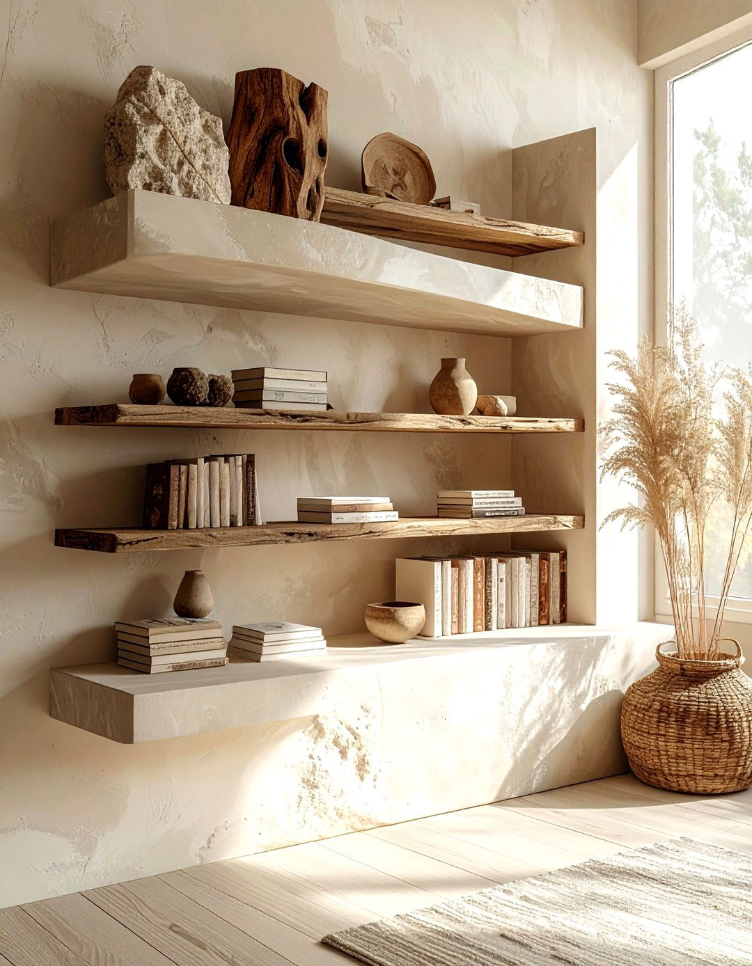 Bookshelf with natural textures - 30 bookshelf styling ideas