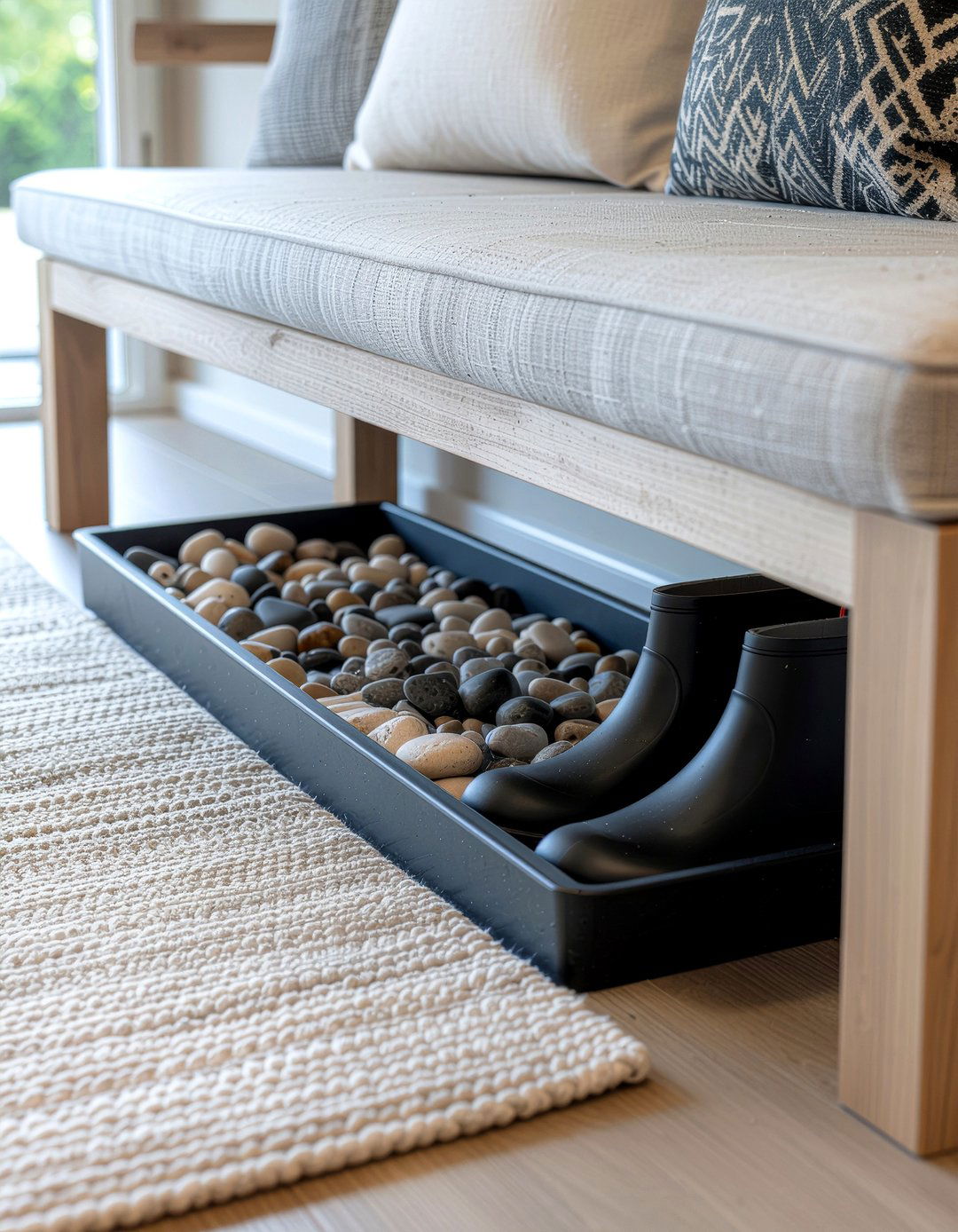 Boot Tray Under Bench - 30 entryway organization ideas