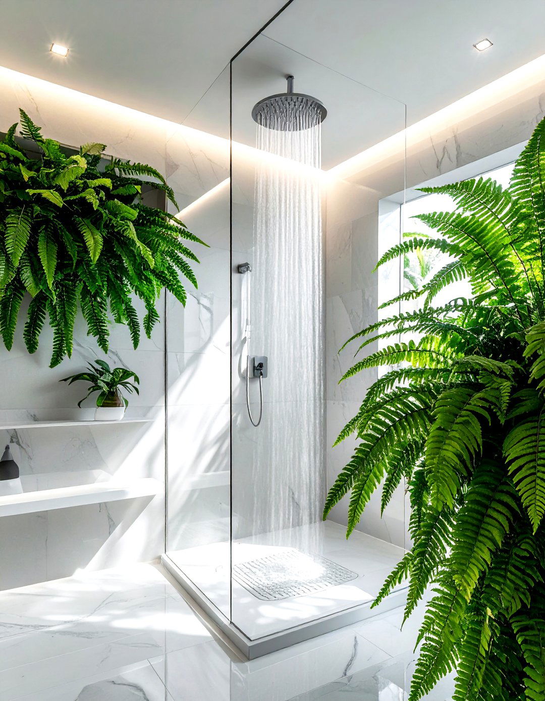 Boston fern in shower - 30 bathroom plant accent ideas