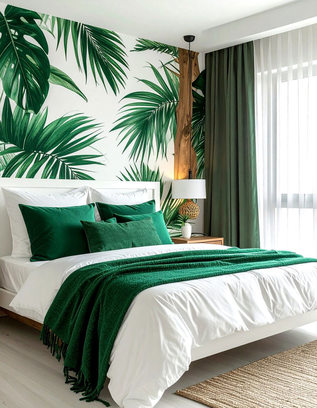 Botanical Print Wallpaper - 30 emerald and white bedroom ideas