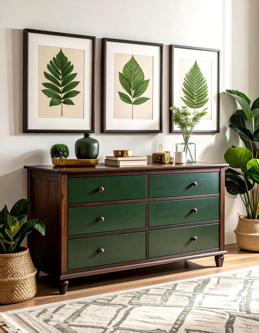 Botanical print dresser decor - 30 dresser vignette ideas