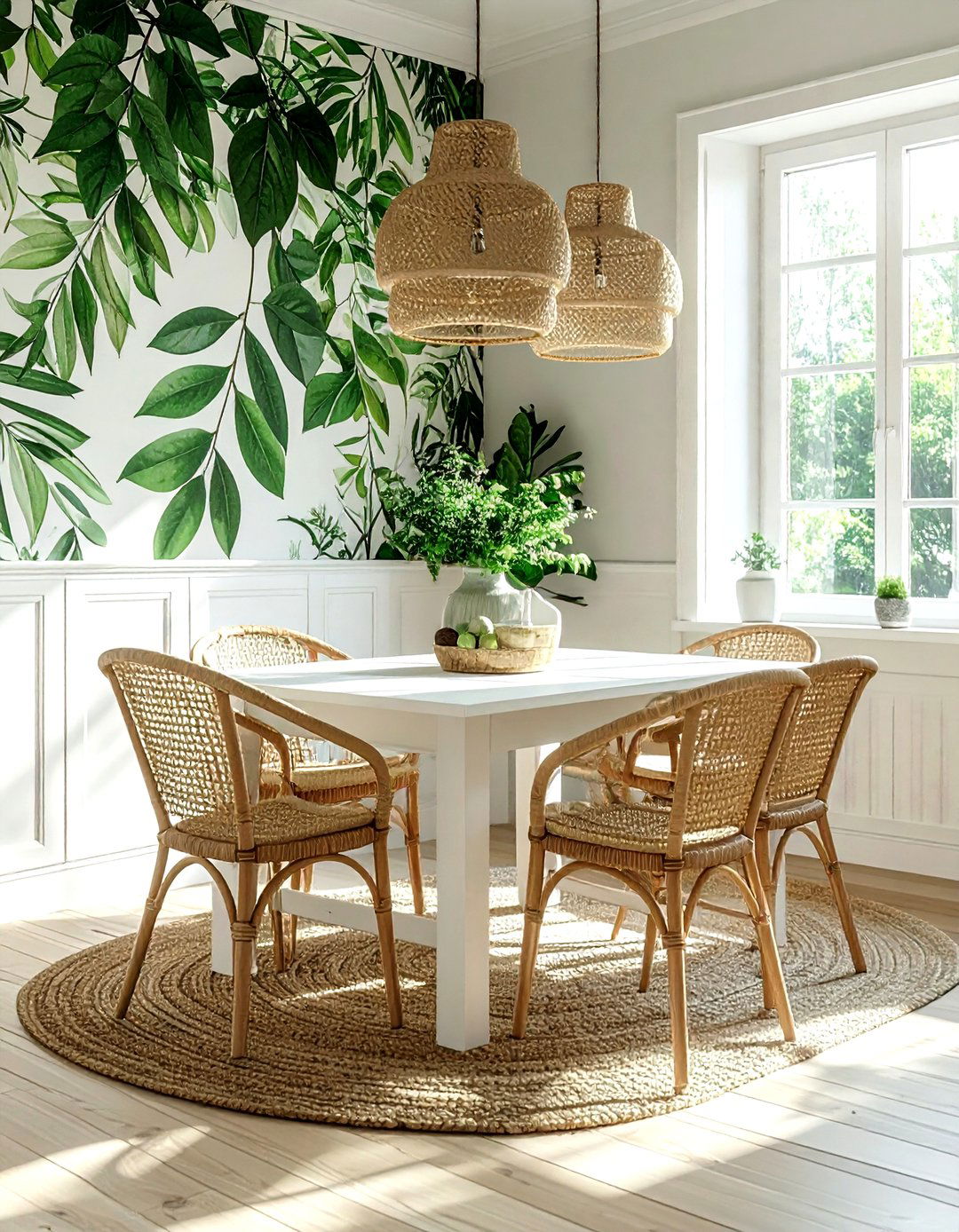 Botanical wallpaper white farmhouse table - 30 green and white dining room ideas
