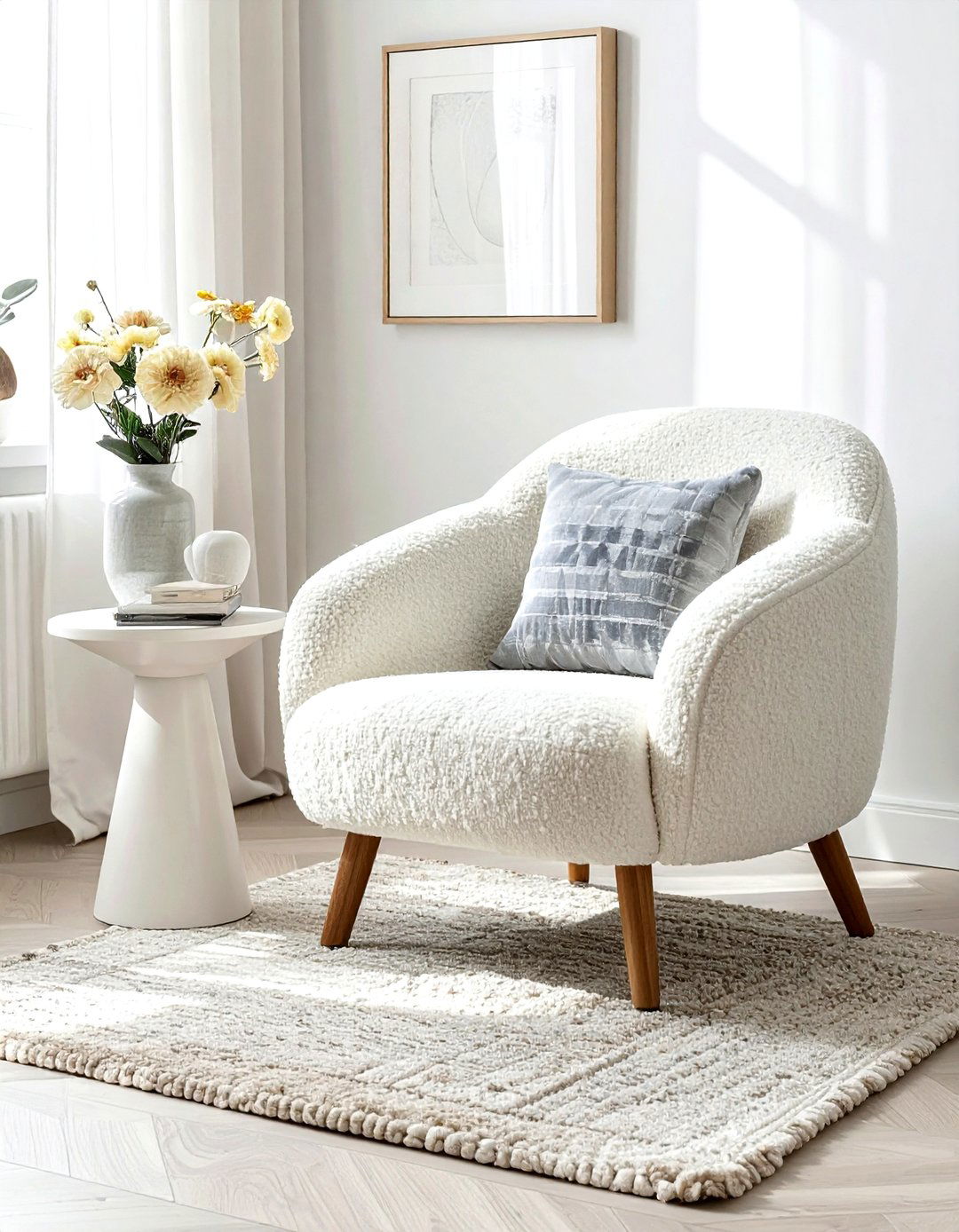 Boucle Accent Chair - 30 soft minimalist living room ideas