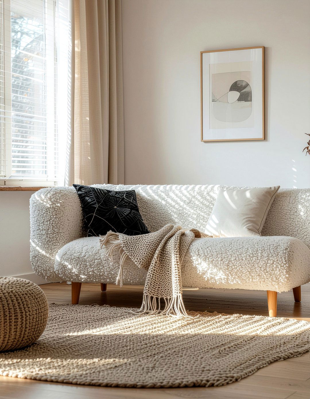 Boucle Fabric Sofa - 30 layered texture living room ideas