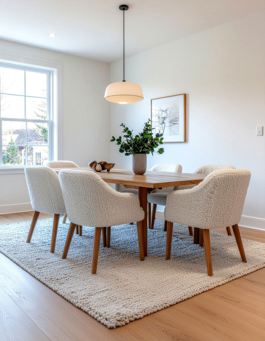 Boucle and light oak chairs - 30 dining room material mixing ideas