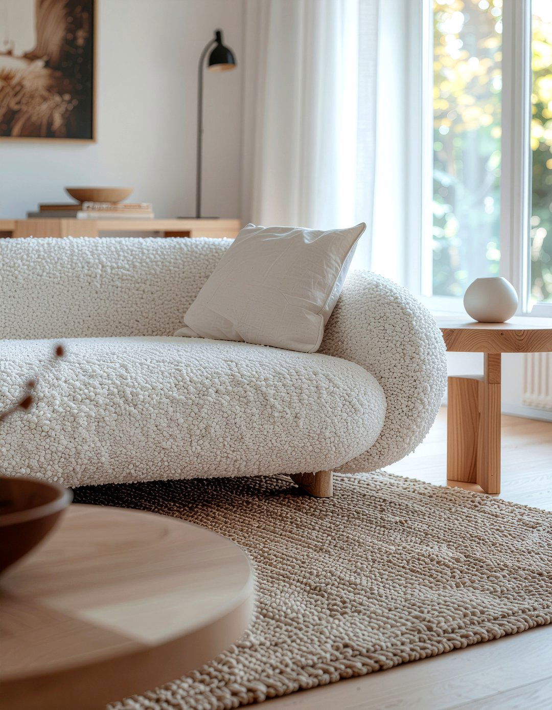 Boucle and oak living room - 30 mixed material living room ideas