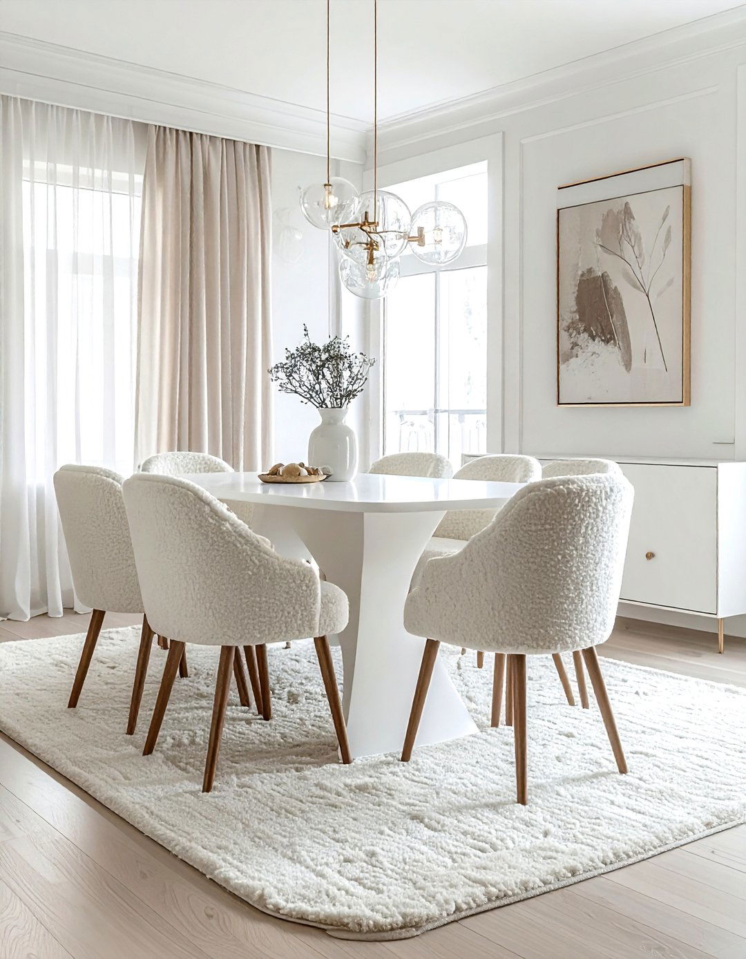 Boucle chair cream and white dining room - 30 cream and white dining room ideas