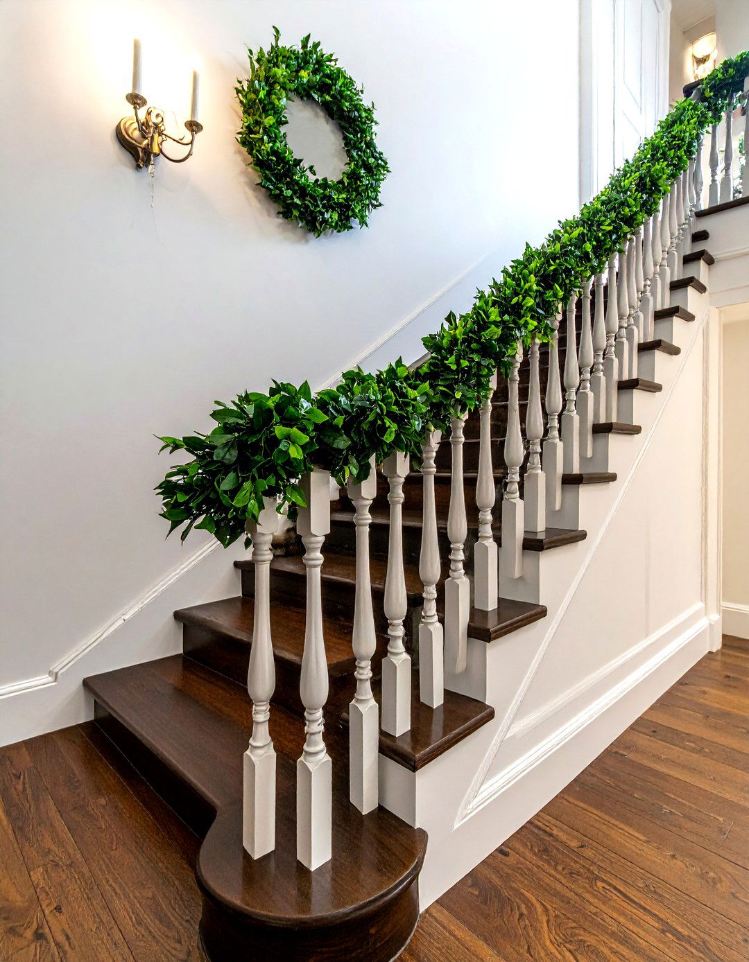 Boxwood Garland Staircase - 30 banister decor ideas