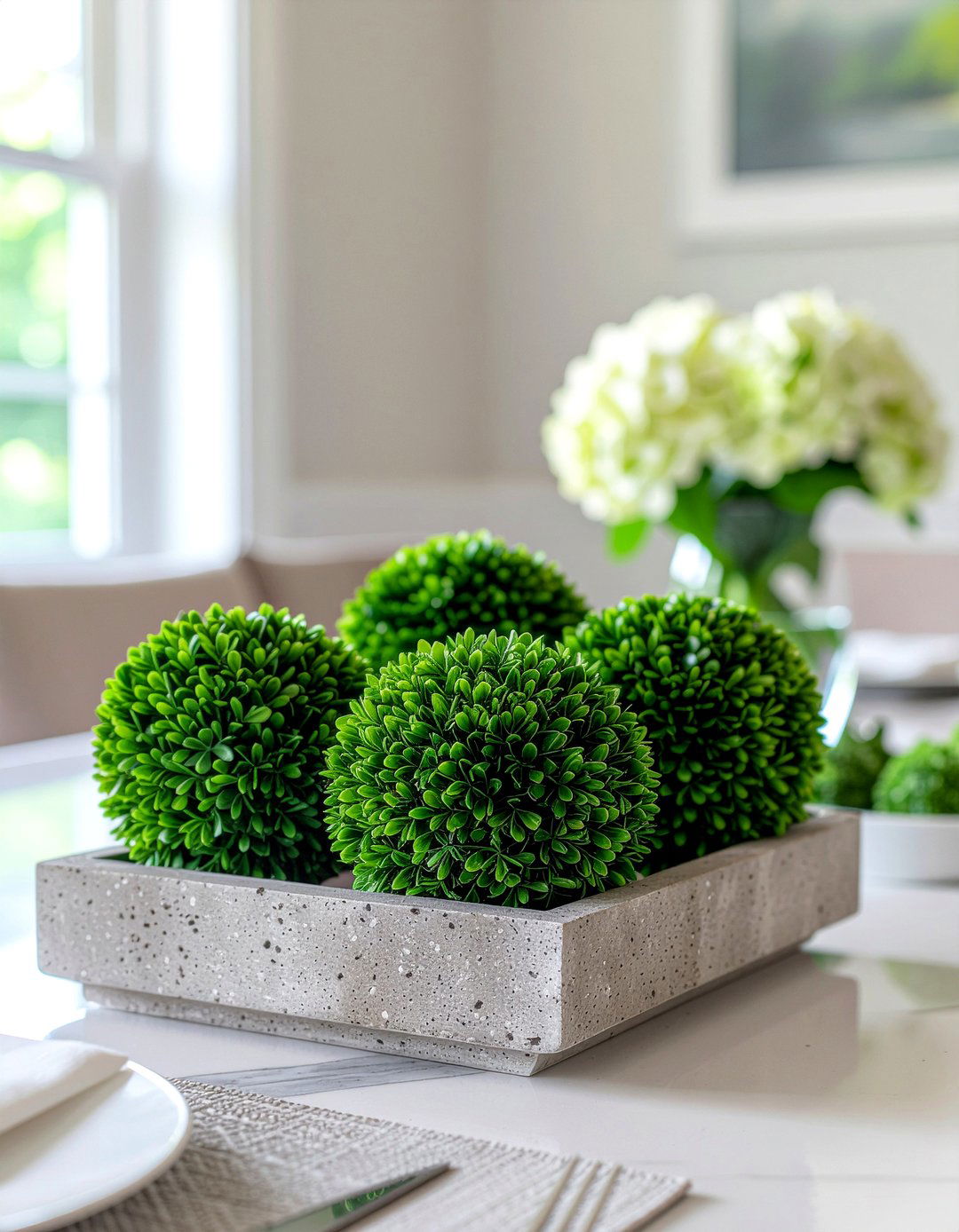 Boxwood Topiary Balls - 30 dining room faux flower ideas