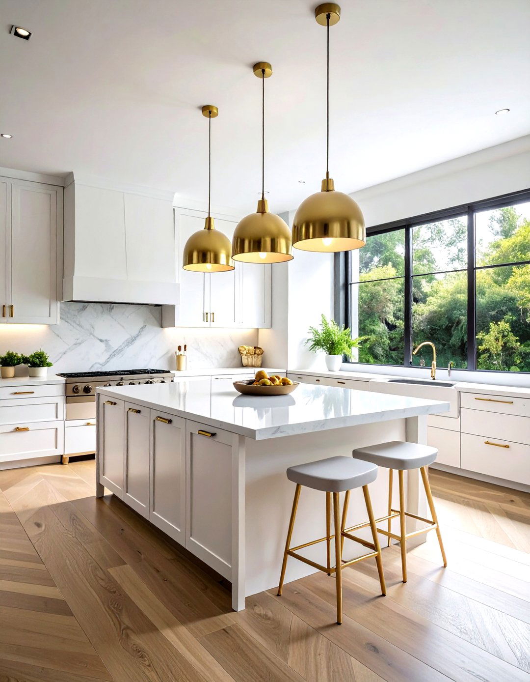 Brass Dome White Kitchen - 30 industrial pendant kitchen ideas
