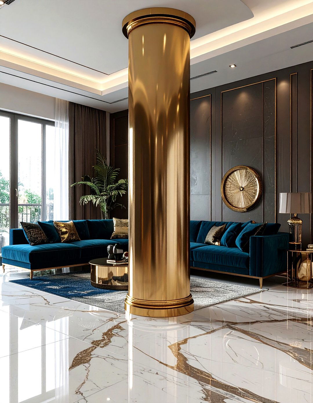 Brass Finish Pillar - 30 living room pillar ideas