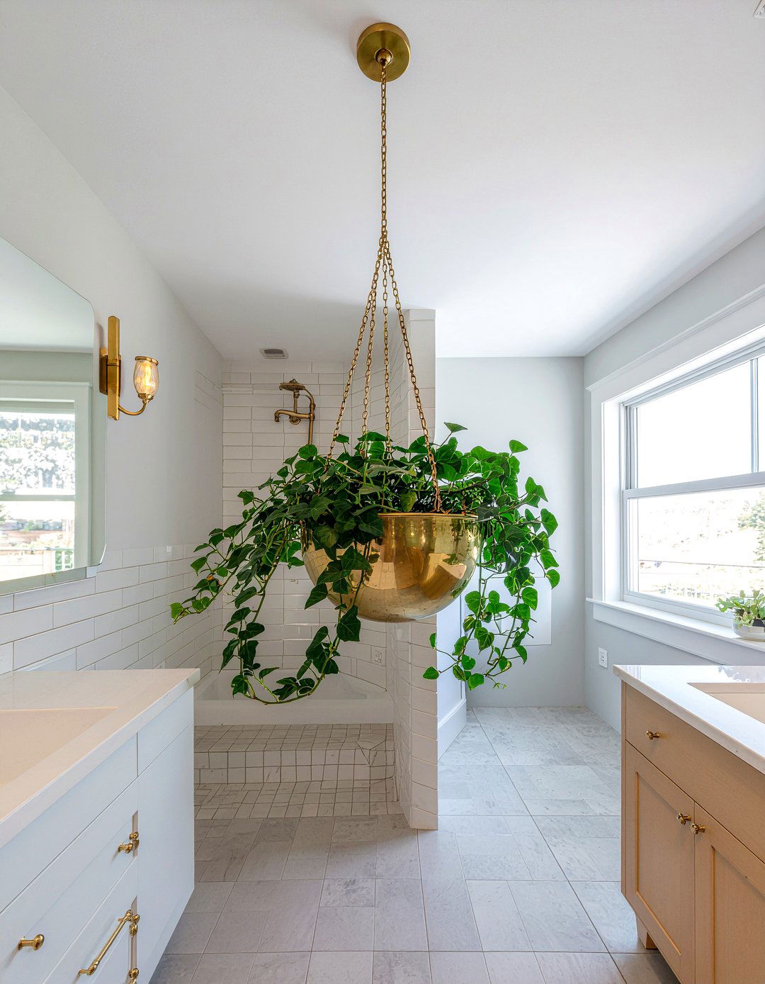 Brass Hanging Basket - 30 bathroom planter ideas