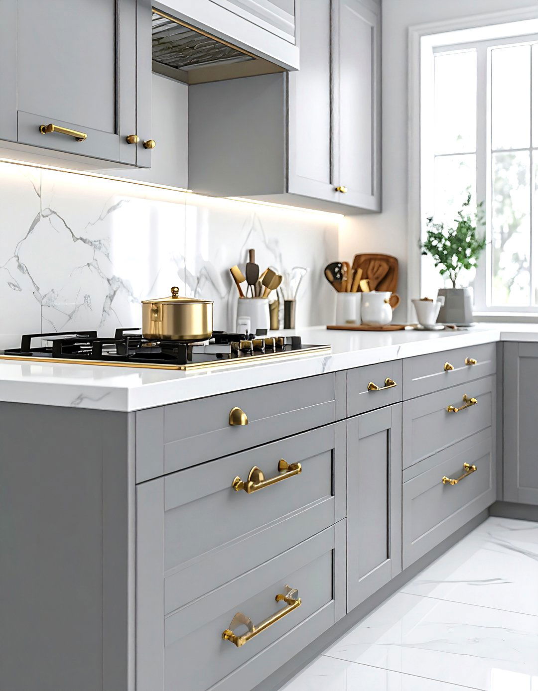 Brass Hardware Grey White Kitchen - 30 grey and white kitchen ideas