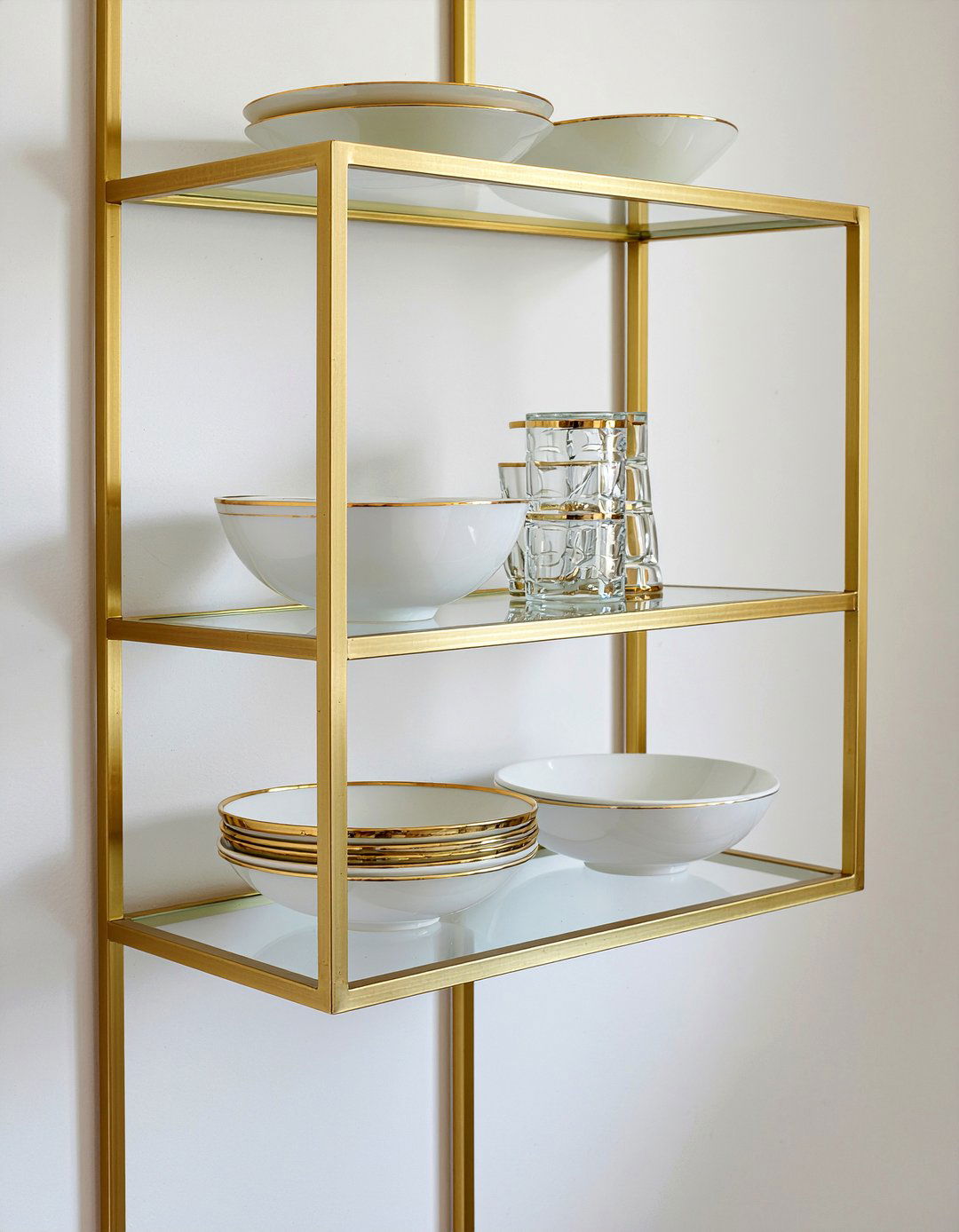 Brass Open Shelving - 30 brass accent kitchen ideas
