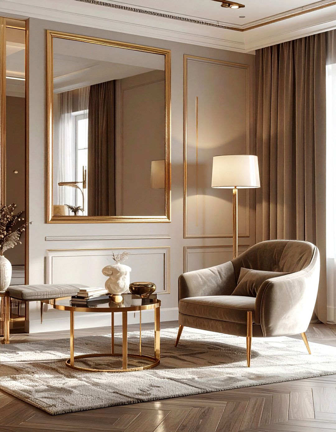 Brass accent living room - 30 living room texture layering ideas