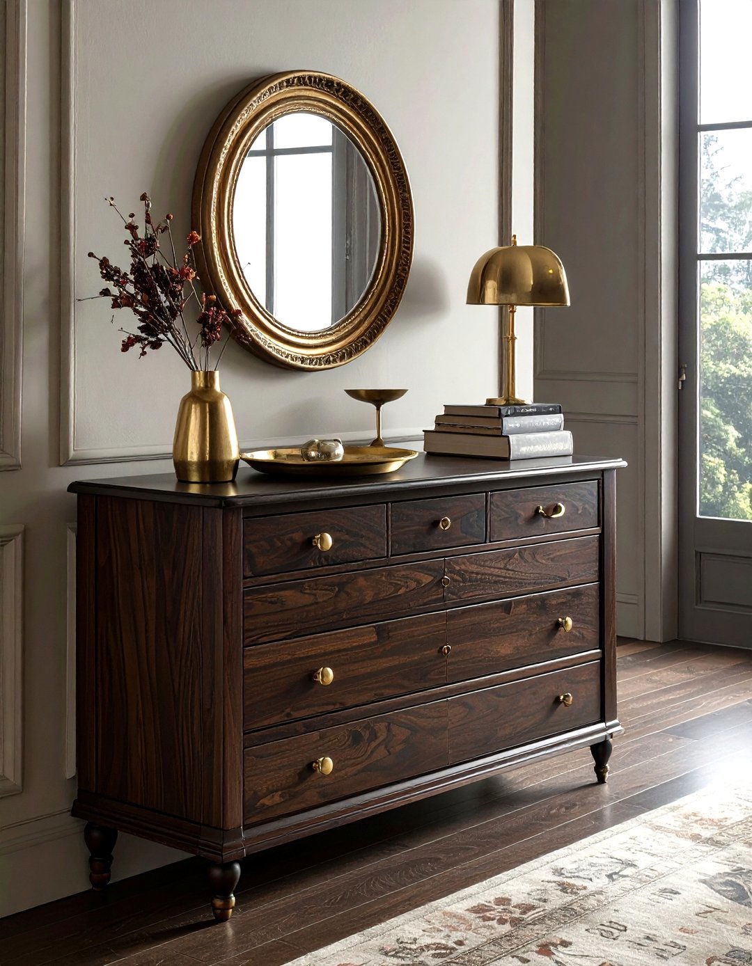 Brass accents on dresser - 30 dresser vignette ideas