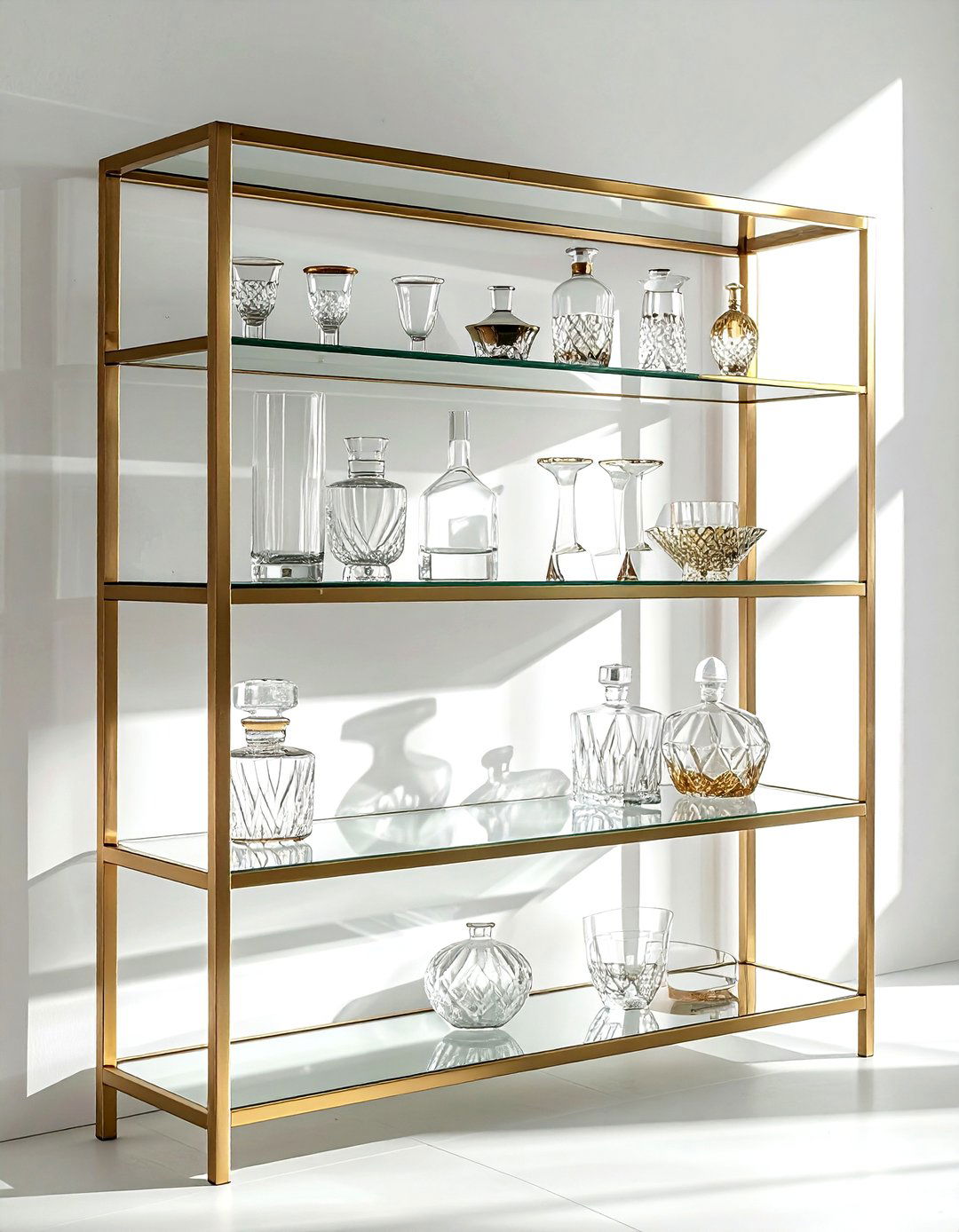 Brass and glass shelving - 30 living room wall shelving ideas