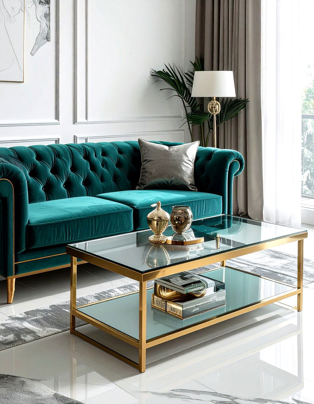 Brass and glass sofa table - 30 living room sofa table ideas