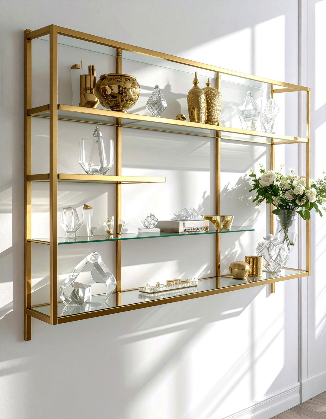 Brass and glass wall shelves - 30 dining room overhead storage ideas