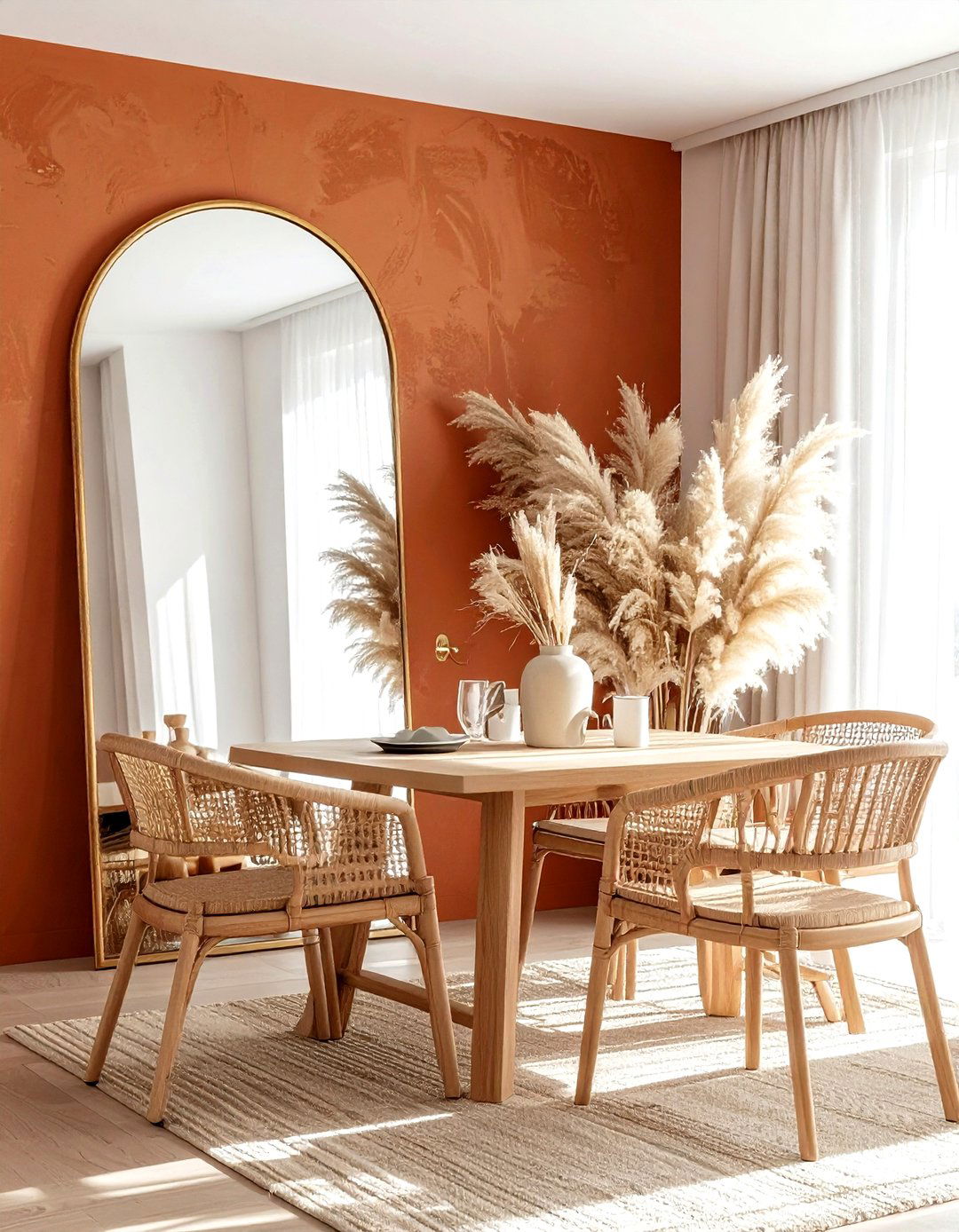 Brass arch floor mirror - 30 leaning mirror dining room ideas