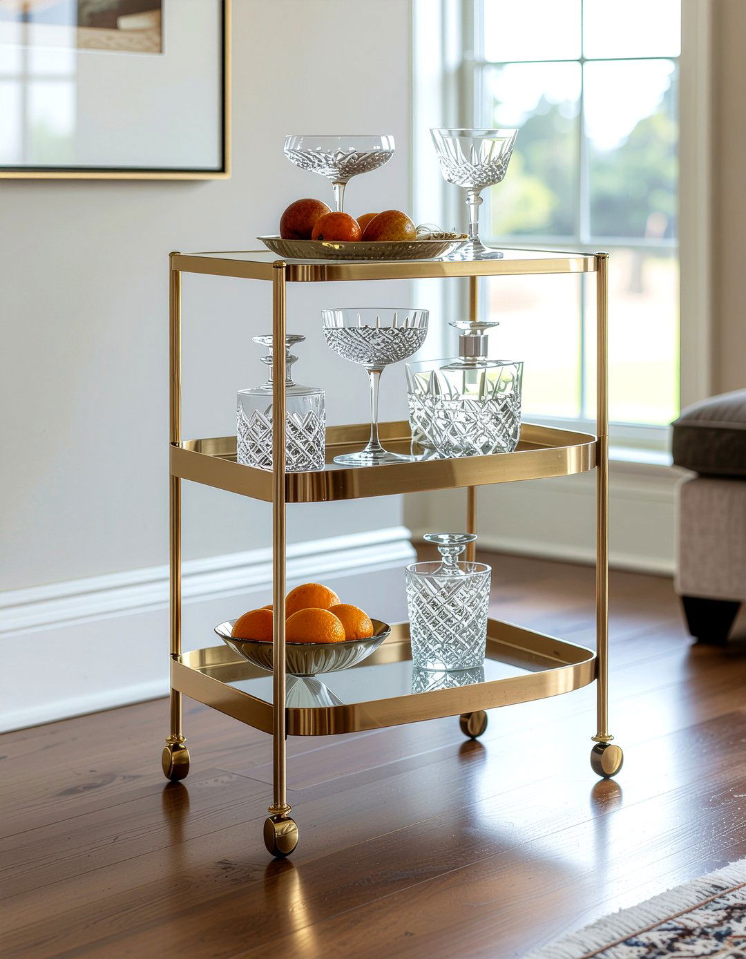 Brass bar cart - 30 mid-century glam living room ideas