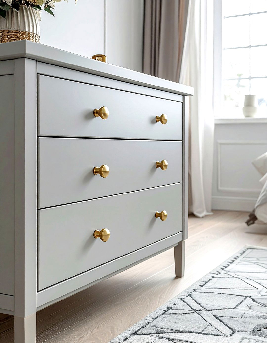 Brass drawer pull accents - 30 scandinavian grey bedroom ideas