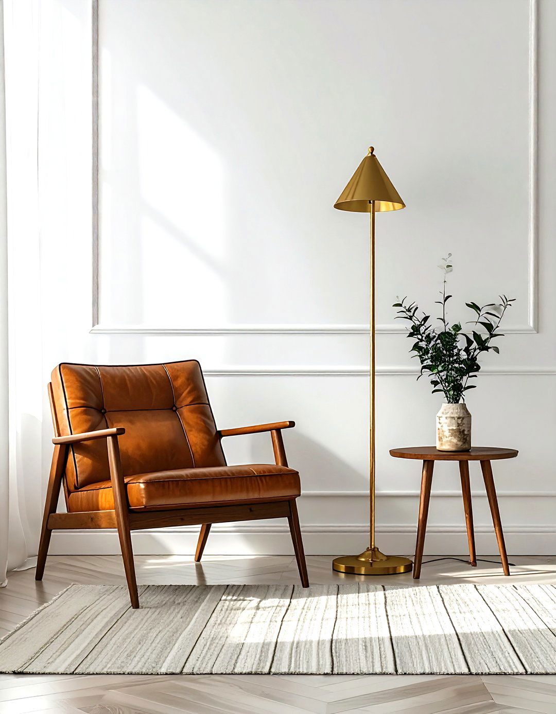 Brass floor lamp accent - 30 living room mid-century furniture ideas
