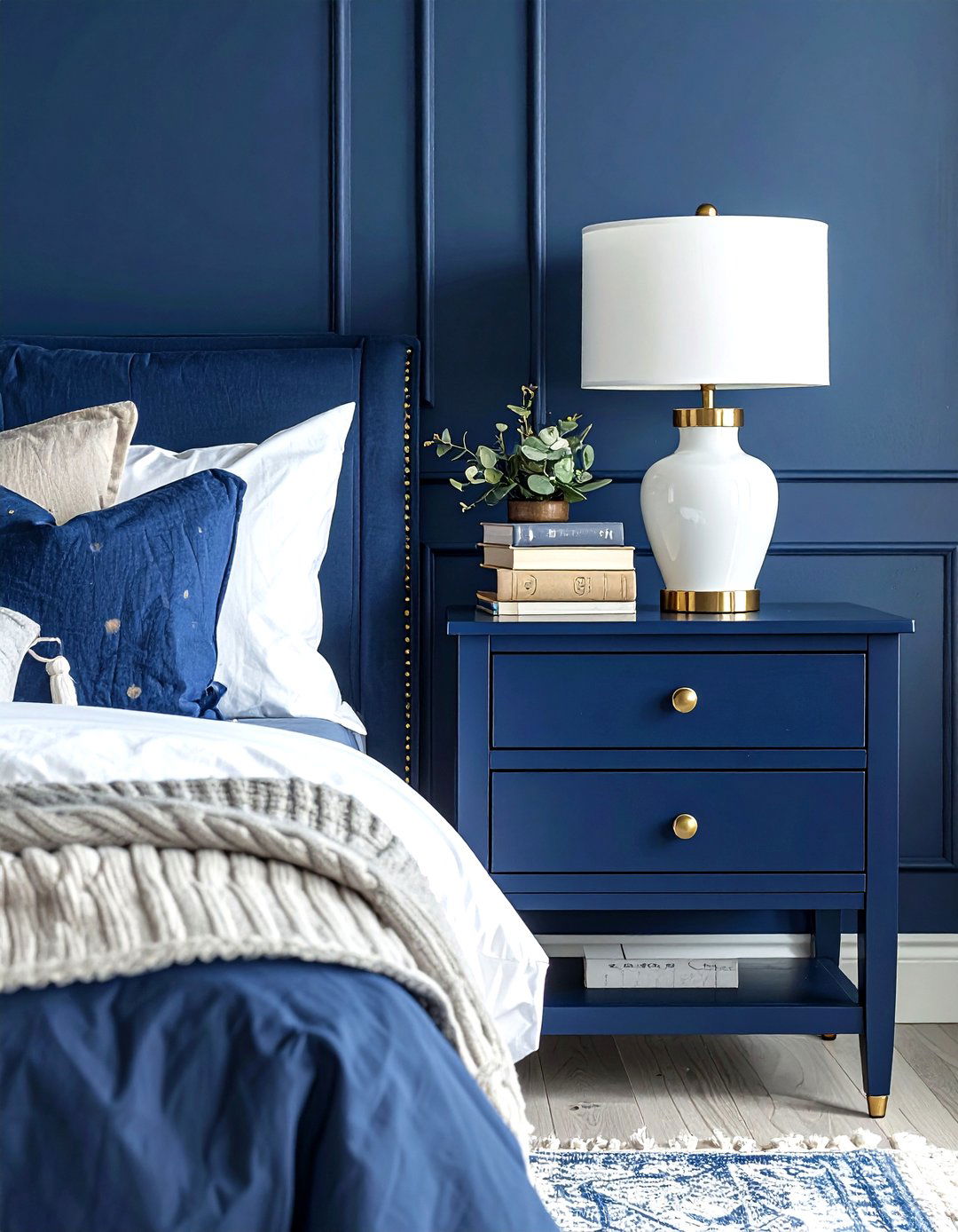 Brass hardware navy nightstand - 30 coastal navy bedroom ideas