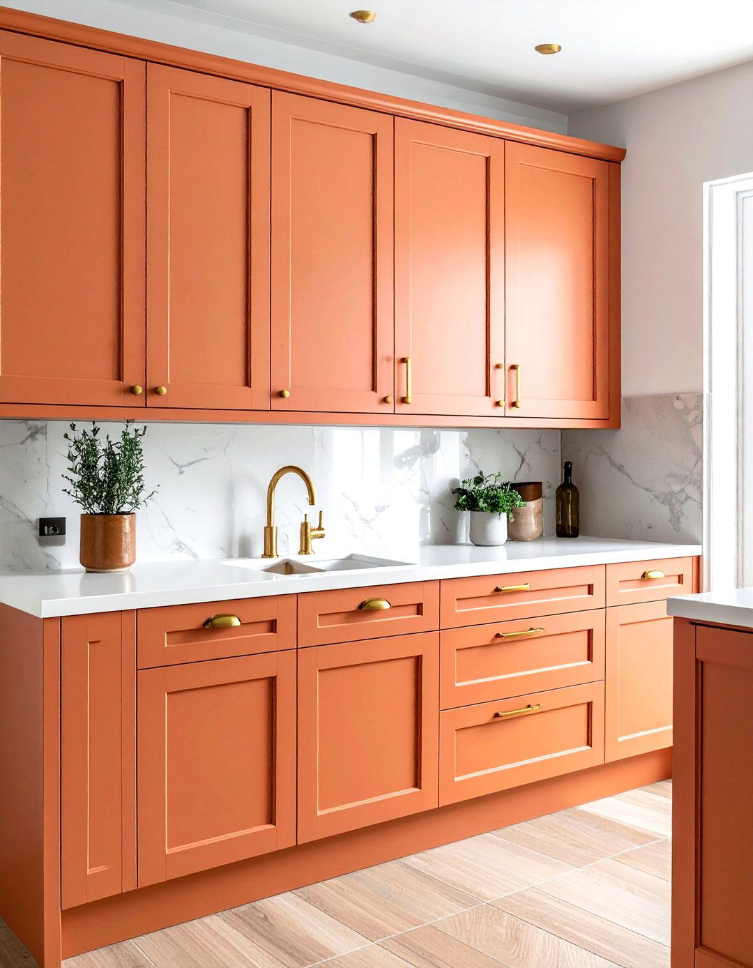 Brass hardware on terracotta cabinets - 30 terracotta kitchen ideas