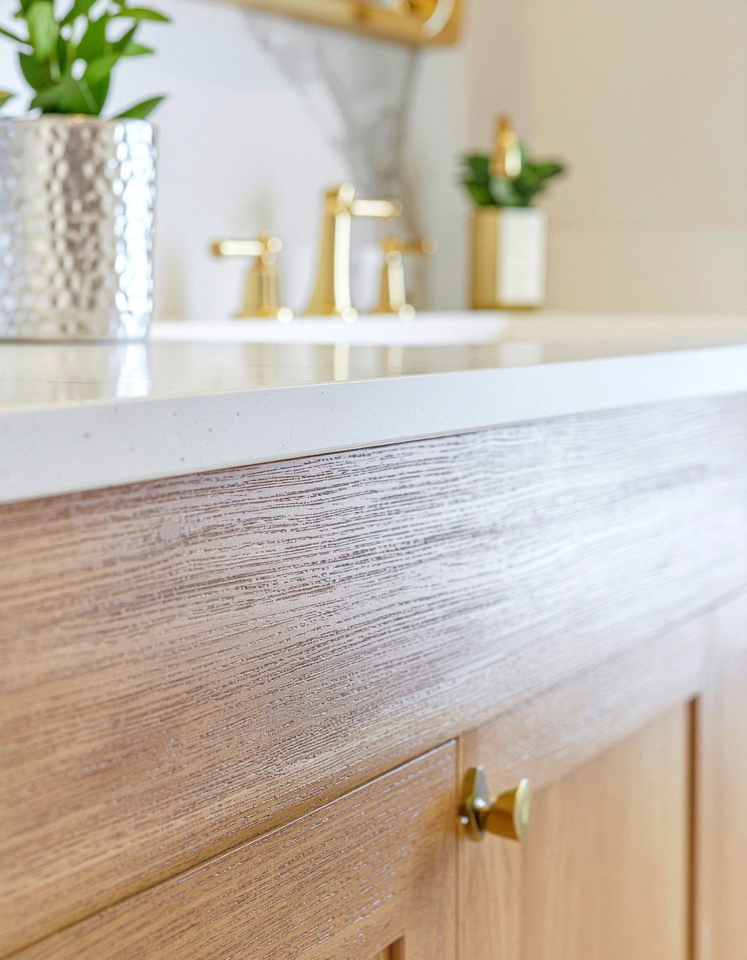 Brass hardware on wood vanity - 30 bathroom layering ideas
