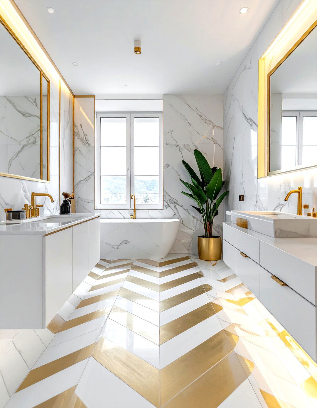 Brass inlay chevron tile floor - 30 chevron pattern bathroom ideas