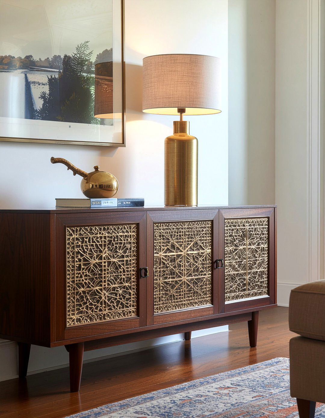 Brass inlay sideboard - 30 metal accent living room ideas