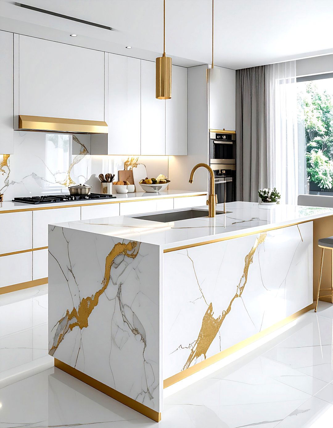 Brass inlay waterfall countertop - 30 waterfall countertop kitchen ideas