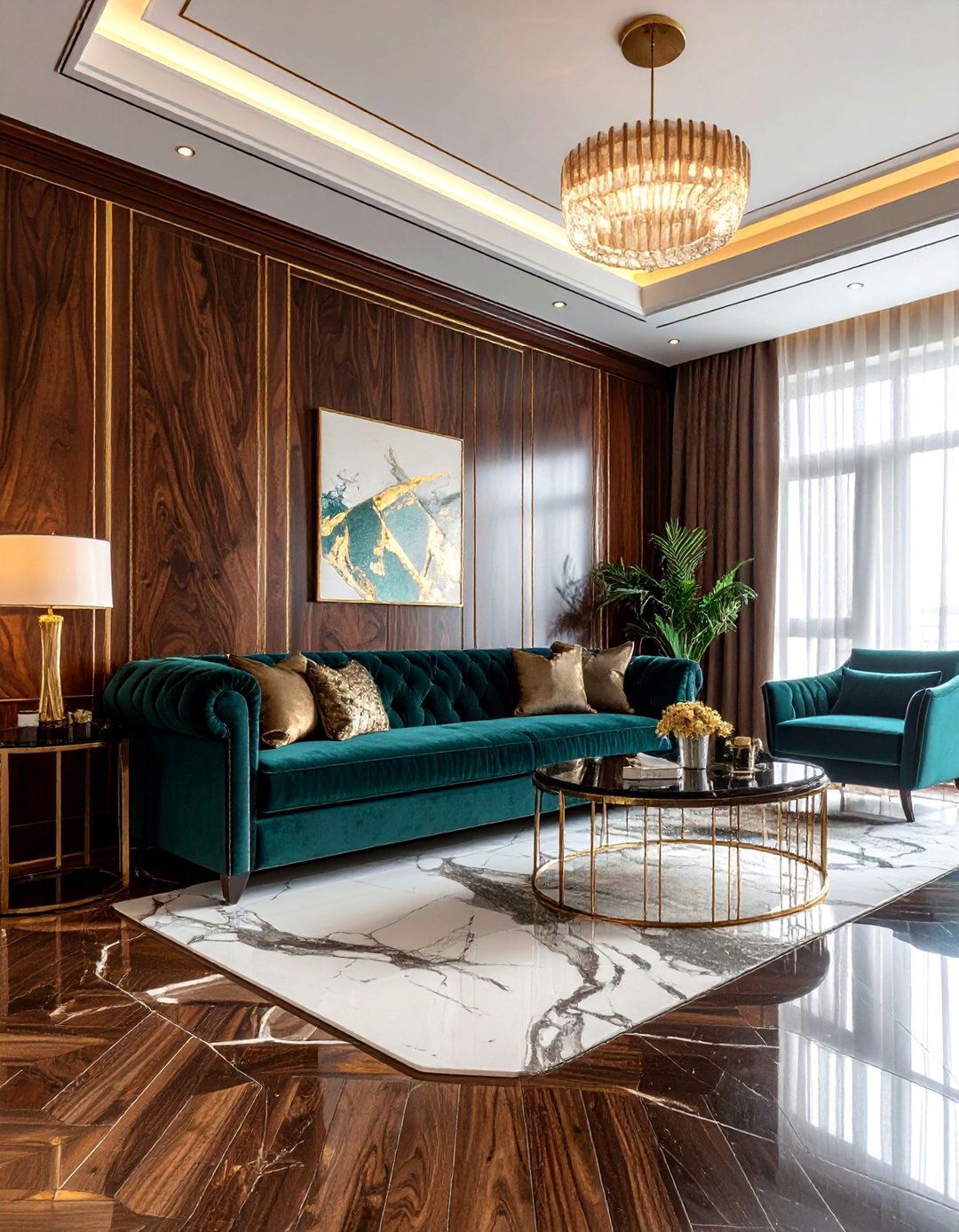 Brass inlay wood panel - 30 living room flat panel ideas