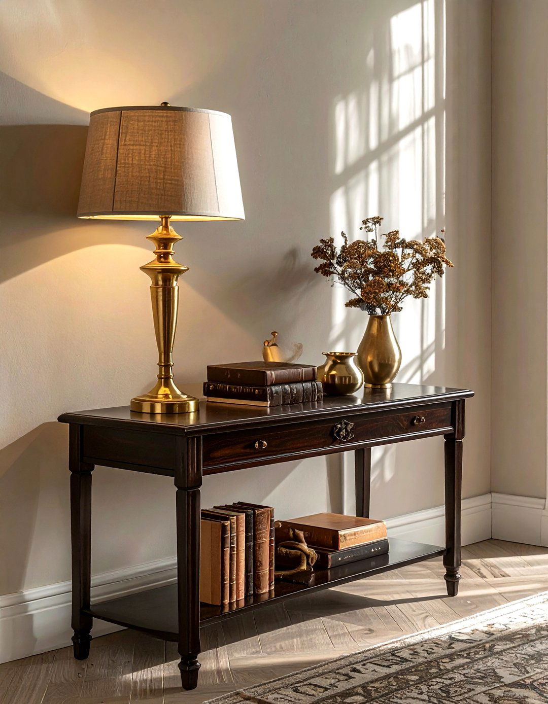 Brass lamp console table - 30 console table decor ideas