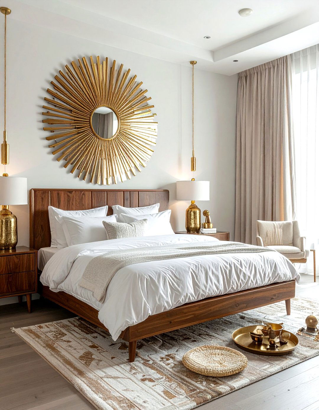 Brass sunburst mirror bedroom - 30 mid-century glam bedroom ideas