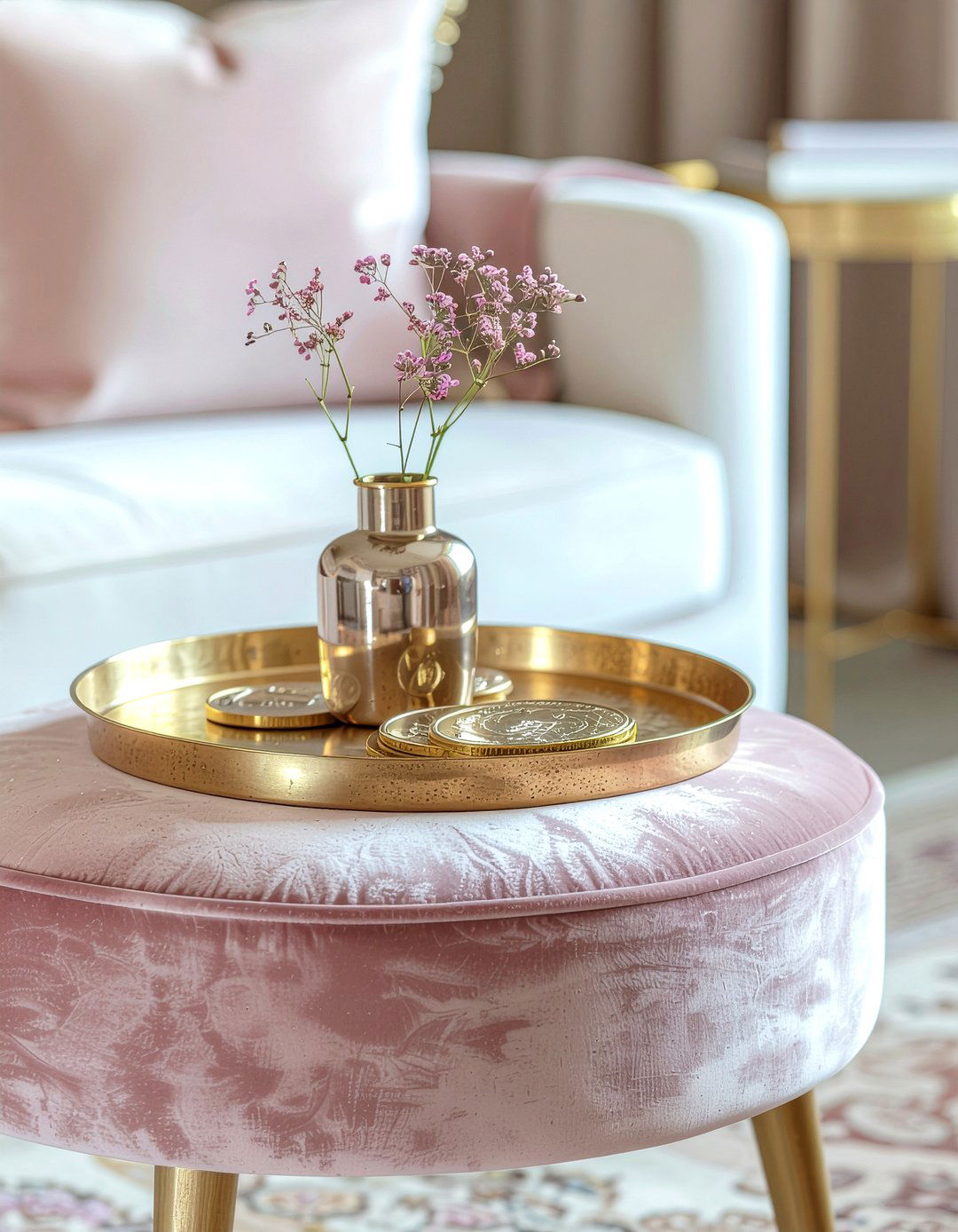 Brass tray on pink ottoman - 30 living room tray ottoman ideas