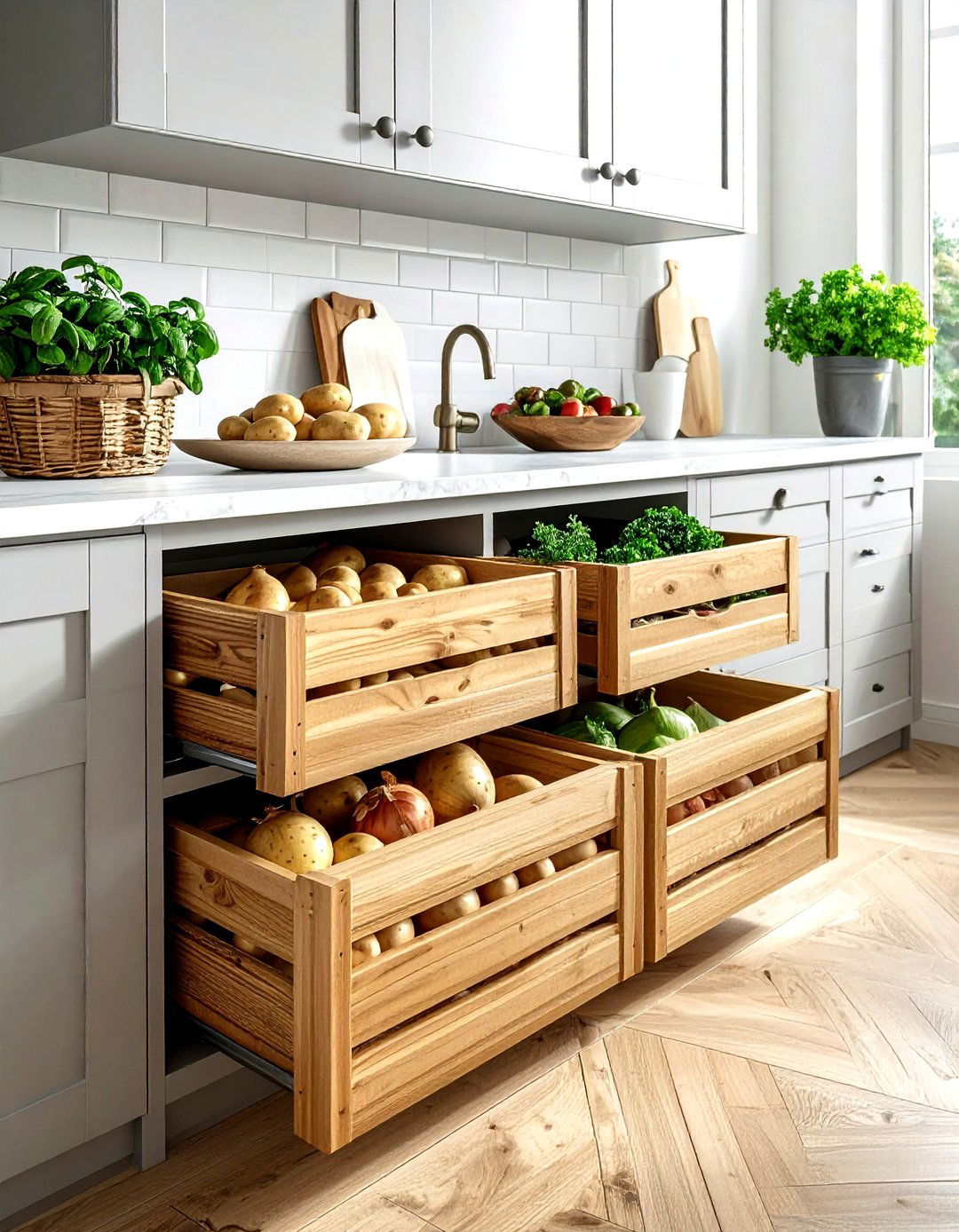 Breathable vegetable storage bins - 30 kitchen built-in storage ideas