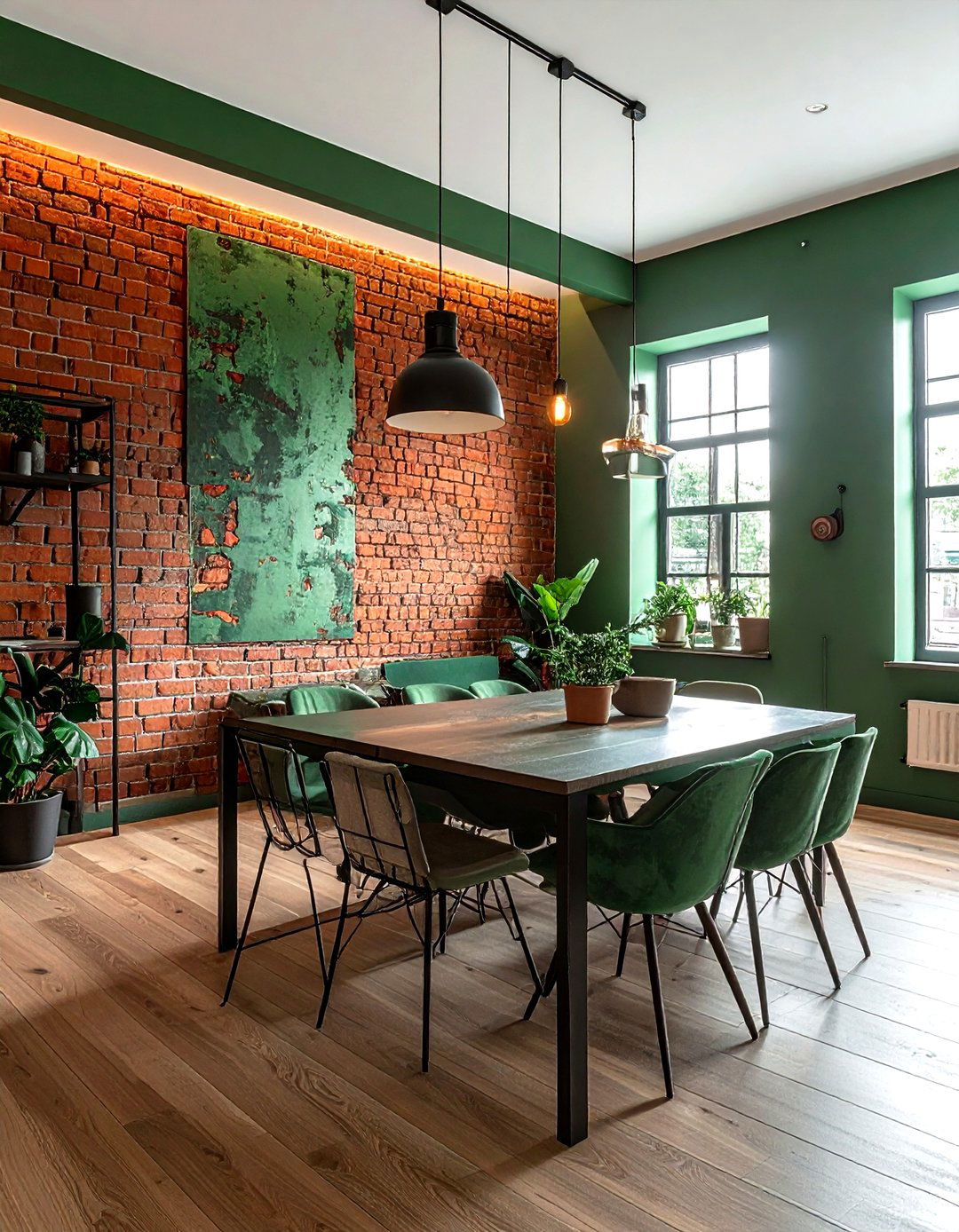 Brick Accent Wall - 30 forest green dining room ideas